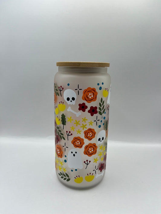 Floral Halloween Frosted 20oz Glass Tumbler